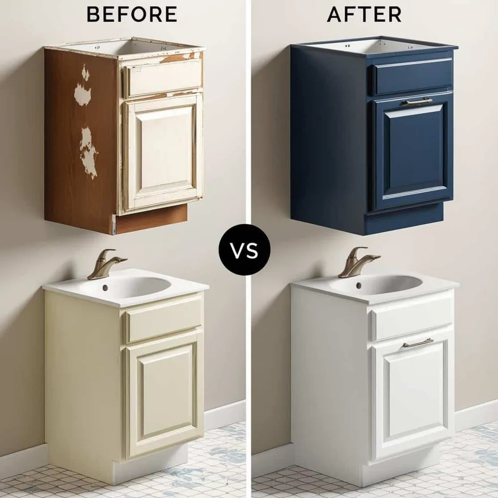 Before and after of bathroom cabinets refinished by Pronto Painting