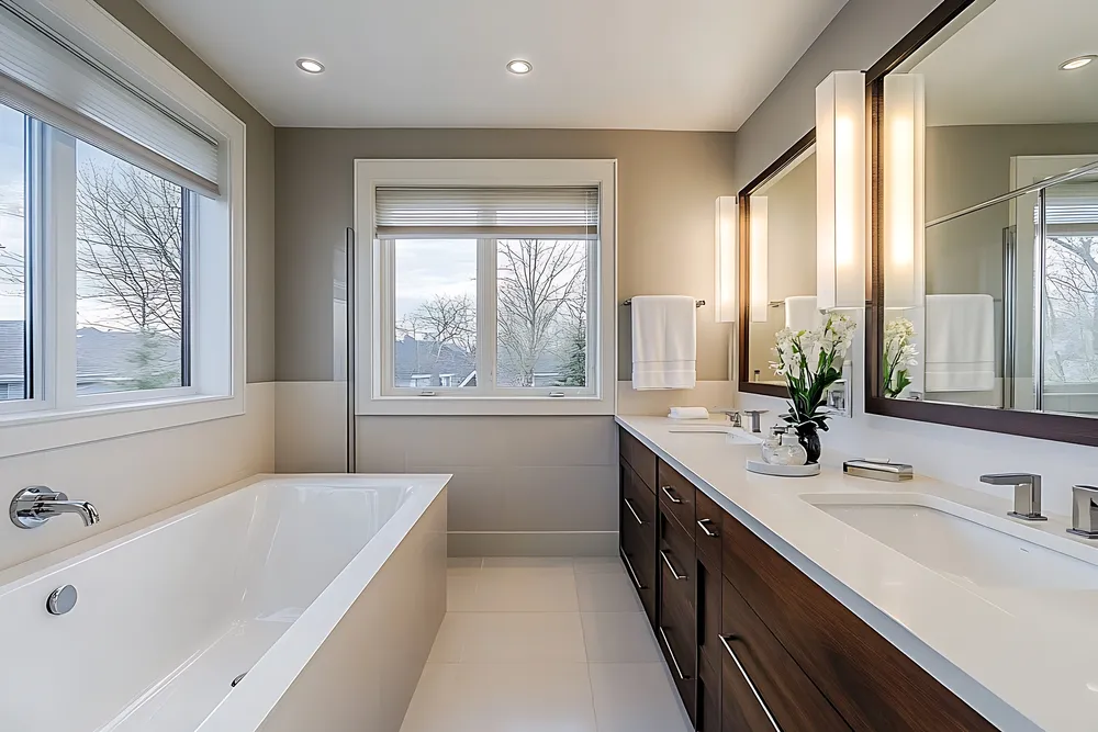 Modern Cincinnati bathroom remodel with white tub and double vanity